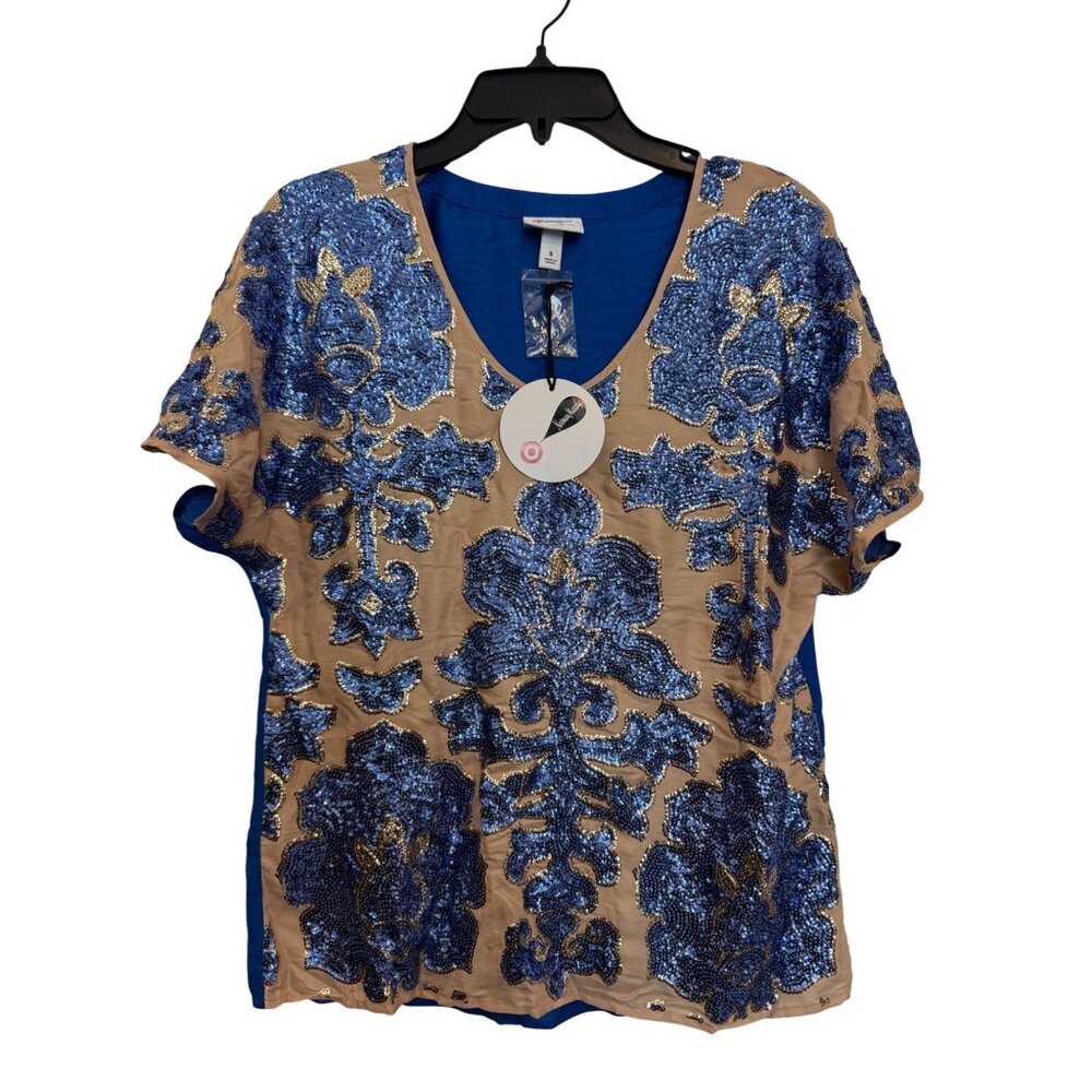 Tracy Reese Sequin Floral Top Women’s Small Blue & Beige Short Sleeve Polyester